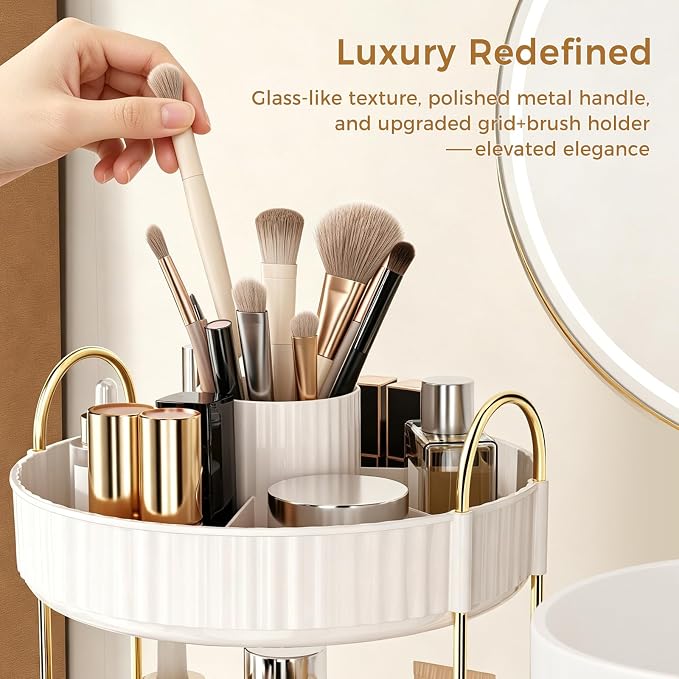 360° Rotating Makeup Organizer, Upgraded 3 Tier Skincare Perfume Organizers for Women, Bathroom Organizer Countertop, Clear Cosmetic Dresser Organizer with Makeup Brush Holder, Sink&Counter(White)