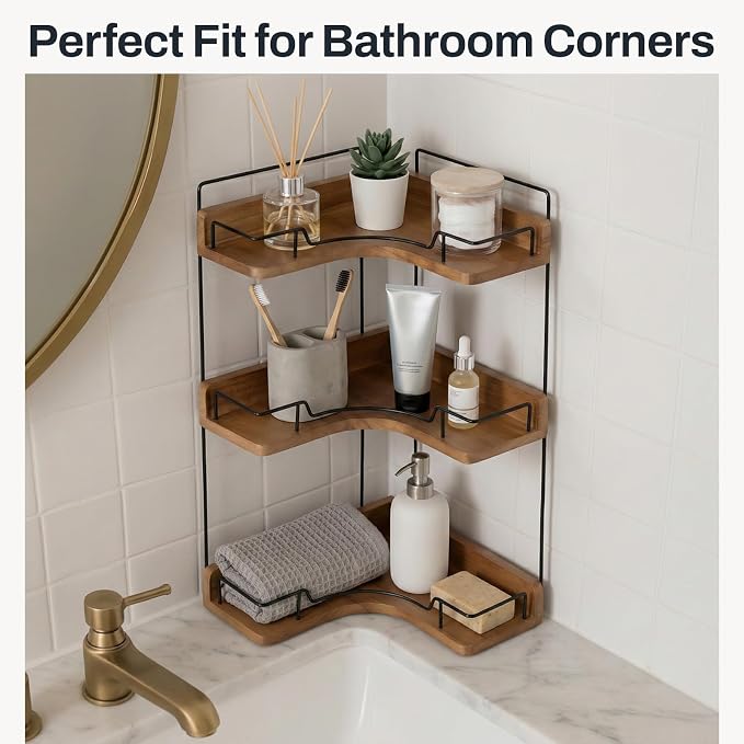 3-Tier Bathroom Counter Organizer, Wooden Corner Shelf for Vanity Countertop Skincare & Makeup, Storage and Organization for Kitchen