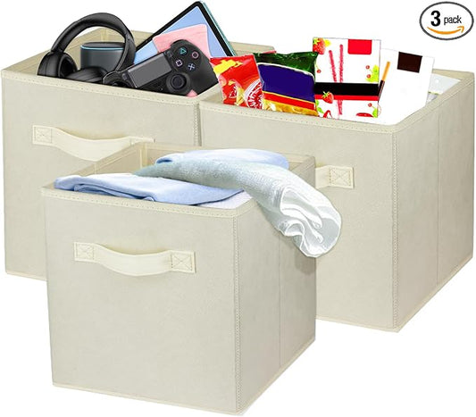 3 Pcs Storage Cubes, 10.5 Inch Collapsible Storage Bins, Fabric Foldable Bins for Organization, Durable Storage Bins for Closet, Shelves, Offices (Beige) | [Beige] [For Organization, Durable Storage Bins for Closet, Shelves, Offices]