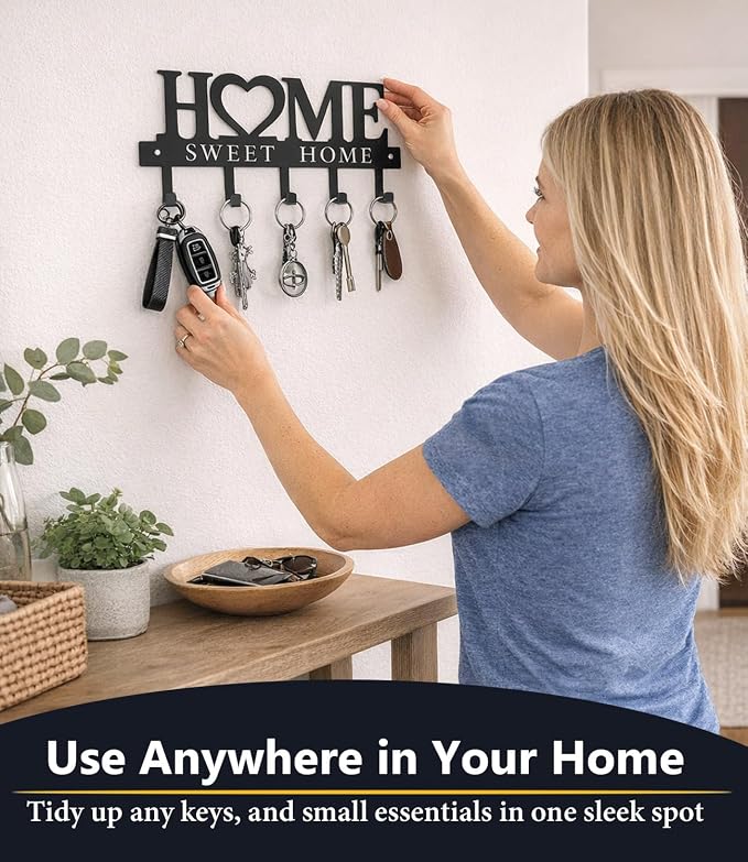 Key Holder Hooks Organizer Hanger Rack Wall Mounted Sweet Home Metal Decor Stylish and Practical for Entryway Front Door Kitchen Hallway Garage Mudroom Office Hardware Included Black