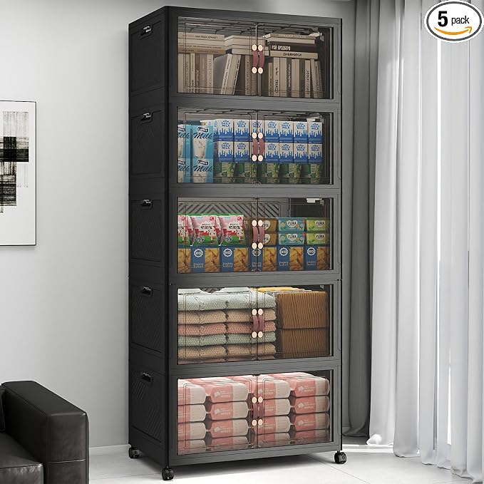 UAMFURI Stackable Storage Bins with Lids, 600QT Lockable Storage Cabinet | Folding Storage Box with Doors and Wheels, Collapsible Plastic Drawers for Home, Garage, Office