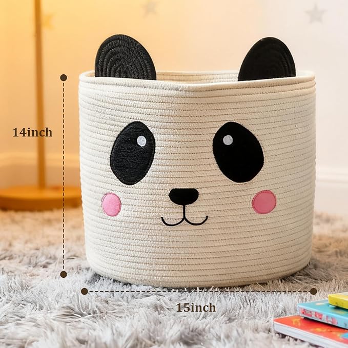 VK VK·LIVING Panda Storage Basket for Gift Foldable Cute Nursery Animal Toy Basket with Handles, Large Cotton Rope Baby Laundry Storage Organizer for Blankets Towels in Living Room Bedroom 15"D x 14"H