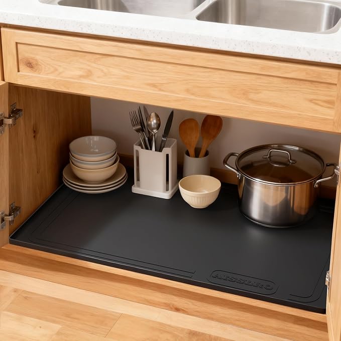 Under Sink Mat 31 X 22, Waterproof Silicone Cabinet Kitchen Liner, Black | Raised-Edge Cabinet Protector & Leak Tray for Bathroom Cabinets, Boots, Pet Feeding Mats, Dog & Cat Bowls, Dishwasher Safe