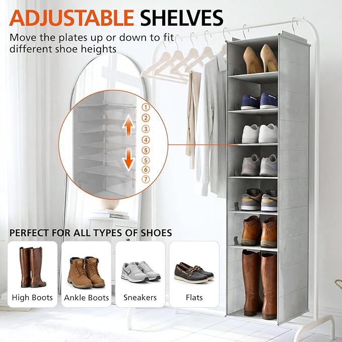 Hanging Shoe Organizer for Closet, 8 Tier Extra Wide Closet Shoe Organizer | Adjustable Shelf Height for Boots and Shoes, Heavy Duty Hanging Shoe Rack for Closet Rod, Space-Saving Shoe Storage Organizer
