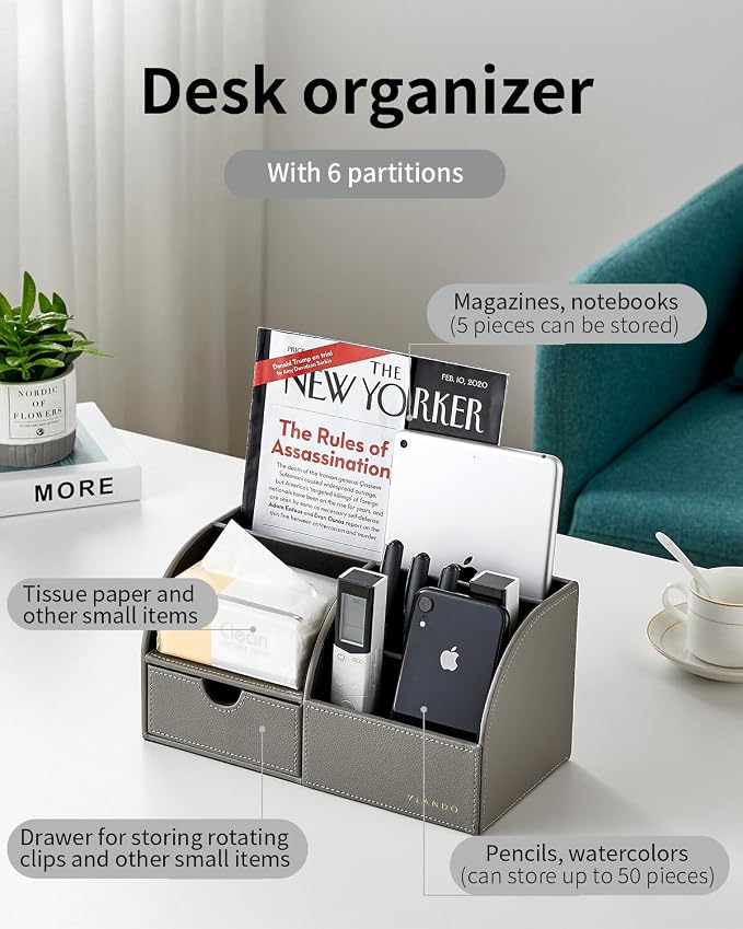 VLANDO Desk Organizer with Drawer for Office, Vanity and Nightstand, Grey | Leather caddy with compartments and drawer organizes office supplies, makeup and bedside essentials in one station