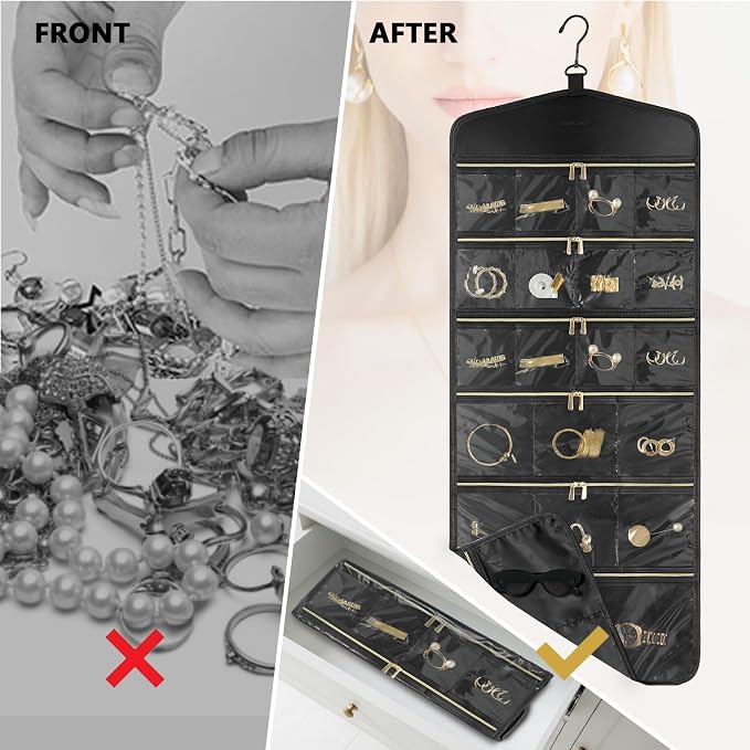 CHICECO Hanging Jewelry Organizer With Zippered Pockets,40 Pockets Travel Jewelry Organizer Storage for Cloest,Wall,Door