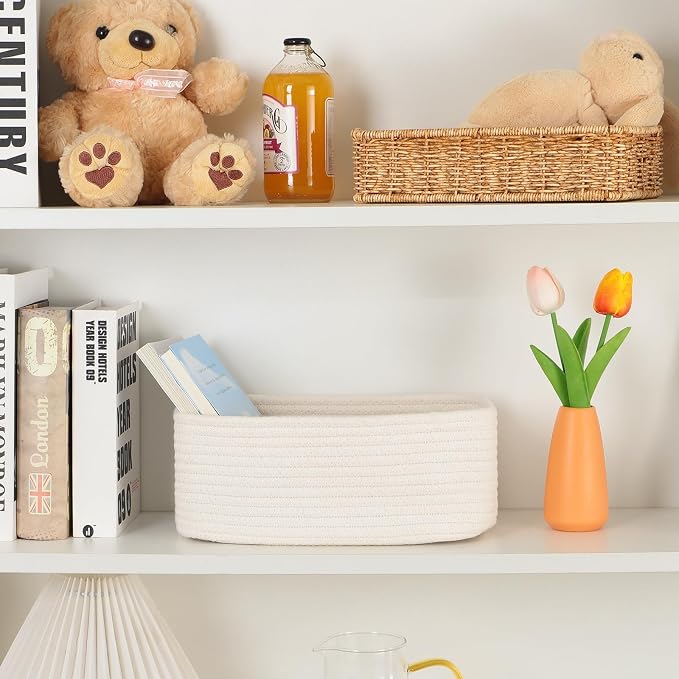 MiniArk Small Storage Baskets for Organizing | Closet Organizer Bins | Shelf Toy Basket | Woven Rope Baskets | Cube Decorative Box | Shallow Basket | 11.5x7.5x4.7” | 4 Packs Off White