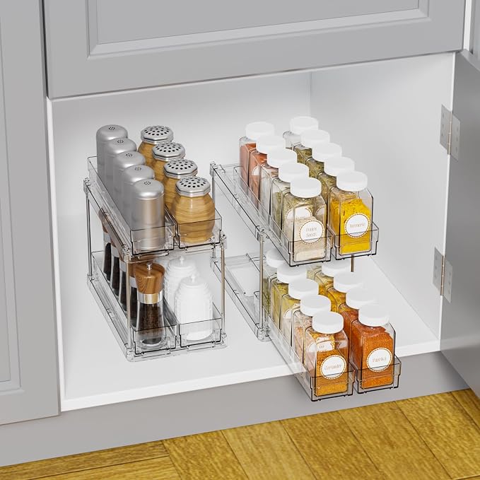 2 Tier Sliding Spice Racks for Cabinets,4 Pack 10.4'' Deep Narrow Vertical Spice Rack Pull Out for Inside Cabinets,Kitchen,Pantry,Cupboard Seasoning,Jar Organizer and Medicine Cabinet Storage