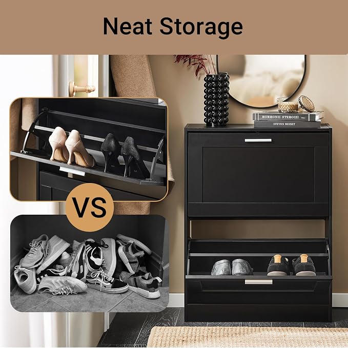 Haotian Shoe Cabinet Storage for Entryway | Narrow Shoe Cabinet with Two Flip Drawers to Save Space, Shoe Rack Cabinet for Front Door Entrance Hallway (Black)