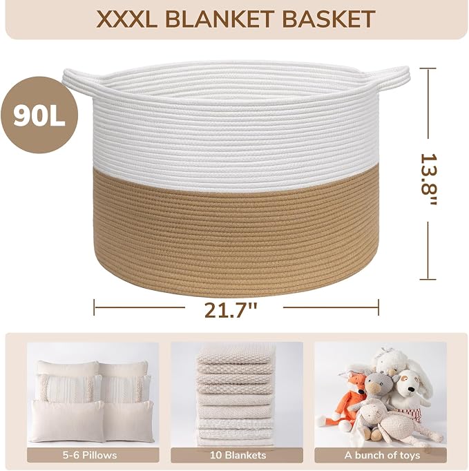 INDRESSME XXXLarge Woven Rope Blanket Basket Living Room, 90L | 21.7" x 13.8" Storage baskets for toys laundry & pillows. Fits living room, bedroom or nursery décor. Soft-touch with handles