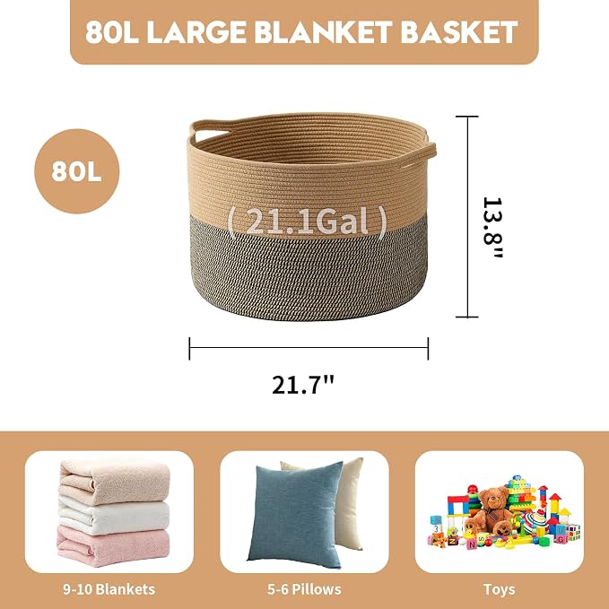 Foldable Laundry Hamper Basket with Collapsible Handle Cotton Rope Soft Woven Fabric Storage Organizer Clothes Toys Nursery Bedroom Dorm Space Saving Bin (Camel & Mix Camel, 80L(21.7"D x 13.8"H))