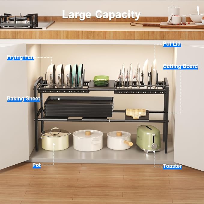 Mustorn Pots and Pans Organizer Under Cabinet, Expandable 2 Tier Under Sink Organizers and Storage Adjustable Height Kitchen Pot and Pan Lid Holder Rack with 12 Dividers Under Cabinet Shelf(Black)