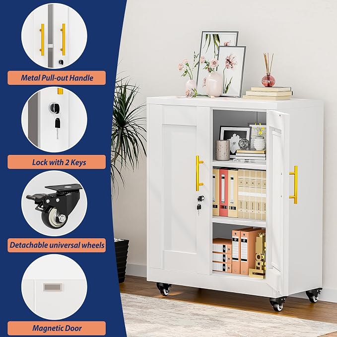 PAOFIN Metal Storage Cabinet-35” Tall Steel File Cabinets with Lockable Doors and Adjustable Shelves, Steel Tool Cabinet with Wheel for Home, School, Office, Garage White