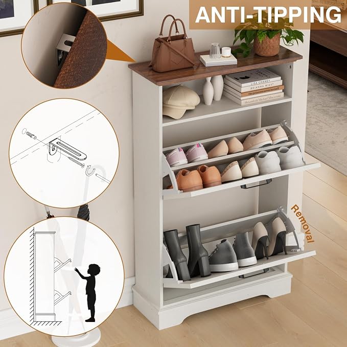 24" W Hidden Shoe Storage Cabinet with 2 Flip Drawers & Open Storage | Farmhouse Modern Shoes Rack Cabinet,Adjustable Shelves, Narrow Slim Shoes Organizer for Entryway,Foyer,Hallway,Antique White