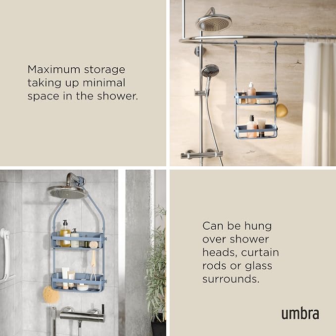 Umbra Flex Shower Caddy, Hanging 2 Shelves Bathroom Organizer, Slate Blue | Flexible silicone bands, drainage system, mold resistant, bottle collars, overhead mount