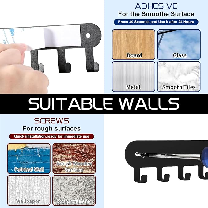 2 Pack Key Holder for Wall,Key Hooks with 8 Hooks, Black | Key Rack for Wall No Drill for Living Room, Kitchen, Bathroom, Garage