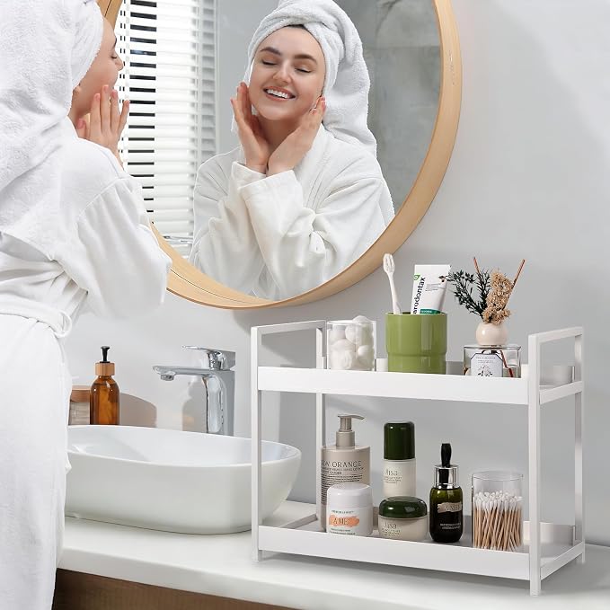 Bathroom Counter Organizer Vanity Storage Countertop Shelf, Large White | 2 Tier Makeup Organizer Perfume Tray Skincare Holder for Sink, Dresser, Kitchen