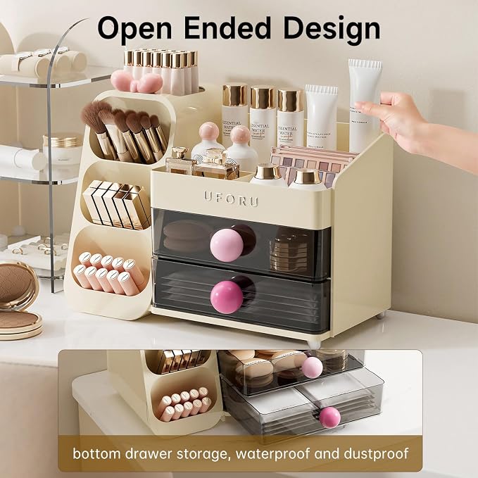 UFORU Makeup Organizer Countertop with Brush Holder for Vanity Bathroom | Large Capacity, Thickened Plastic, 2 Clear Drawers, Compact Size, Detachable Brush Holder, Divided Compartments, Easy Access