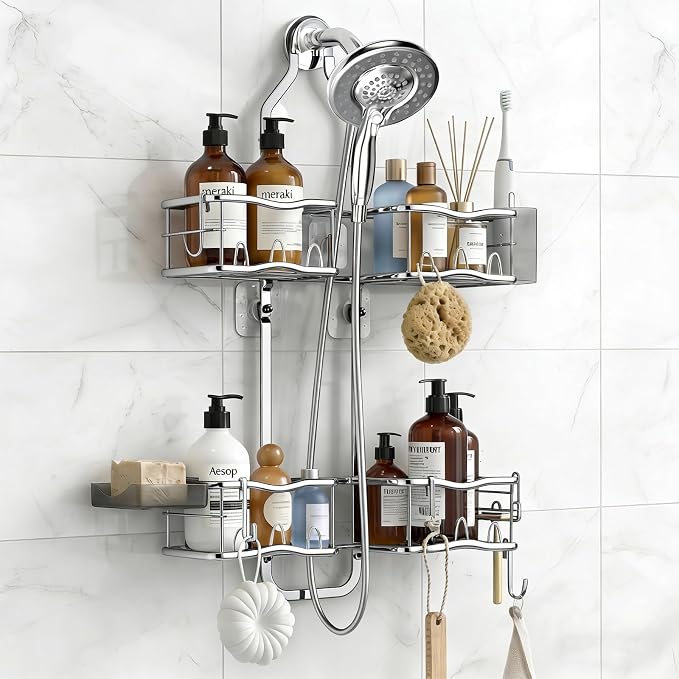 Shower Caddy Hanging Organizer Over Showerhead with Hooks, Silver | Rustproof Hanging Shower Organizer for Handheld Showerheads, Shower Shelves Rack with Razor Soap Holder, Toothbrush Holder