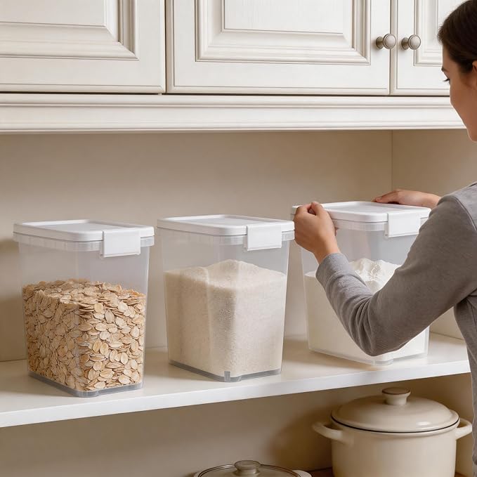 Rice Storage Container 10-15 Lbs, Airtight Flour Dry Food Bin with Scoop | Tight-Lock, Food-Grade Plastic Food Storage Container Dispenser for Cereal, Sugar, Kitchen, Pantry Organizers and Storage
