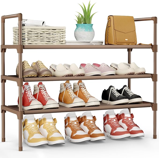 Kitsure Shoe Rack for Closet, Shoe Organizer, 27.6" Wide - 3 Tier, Brown | Shoe Storage for Closet, Entryway, Easy- Assembly& Space-Saving Shoe Shelf with Side Handle, Closet Organizer