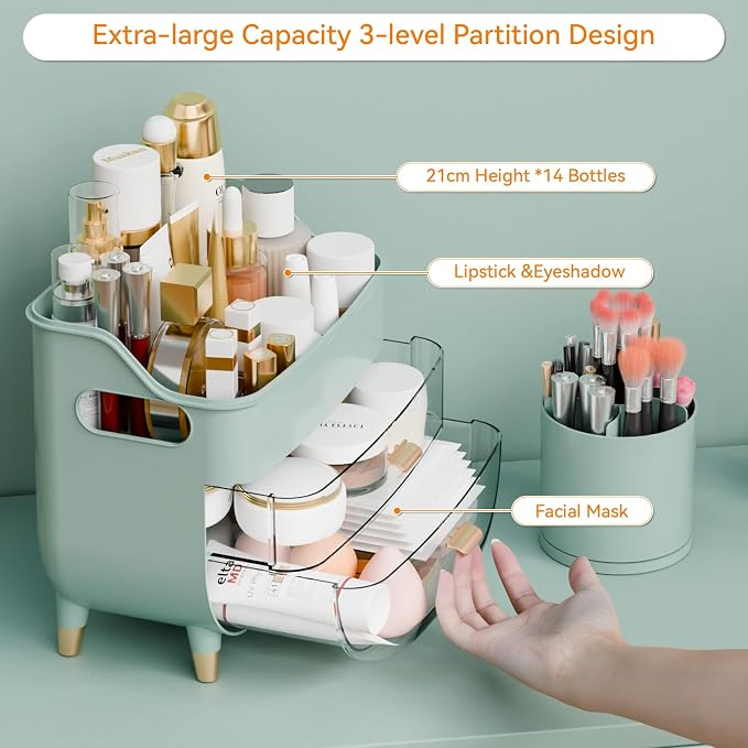 Green Make up Organizers for Counter,Vanity and Dresser,Bathroom Makeup Organizer Countertop,Large Makeup Storage Organizer for Hair Tool,Beauty Products,Skin Care and Cosmetic Display Cases