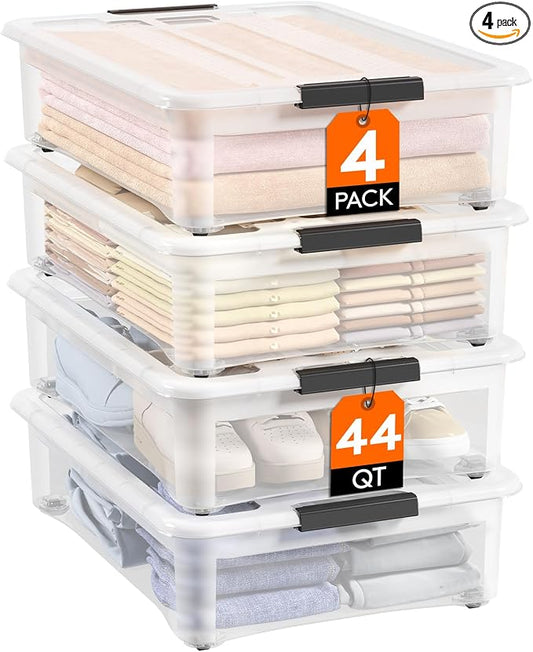 Lifewit 44Qt Storage Bins with Lids, Plastic Large Latches Boxes with Wheels, Clear Totes Tubs Container for Closet Organizers and Storage, Bedroom, Clothes, Craft, 4 Pcs