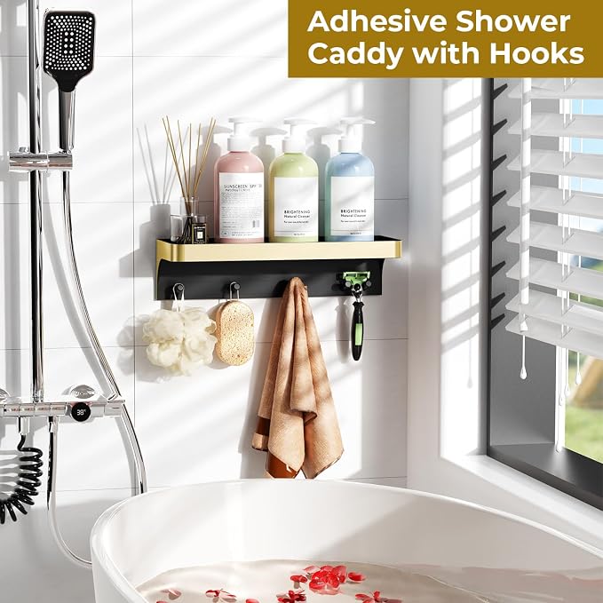 Shower Caddy Adhesive with 5 Hooks & Drainage, No-Drill, Gold | Plastic Wall Bathroom Shelf Rack Organizer, Inside Shower Storage Holder for Bath Accessories, Rustproof Bathroom Shelves