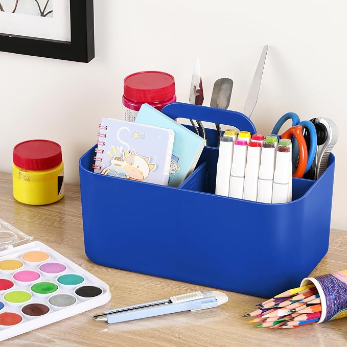 Multiuse Caddy Organizer with Handle, Portable Plastic Tote Bin - Art Craft, Stationary Pen Marker Crayons, Makeup Hair Supplies Storage - Bathroom, Classroom, Dorm, Office, Desk Holder - Dark Blue