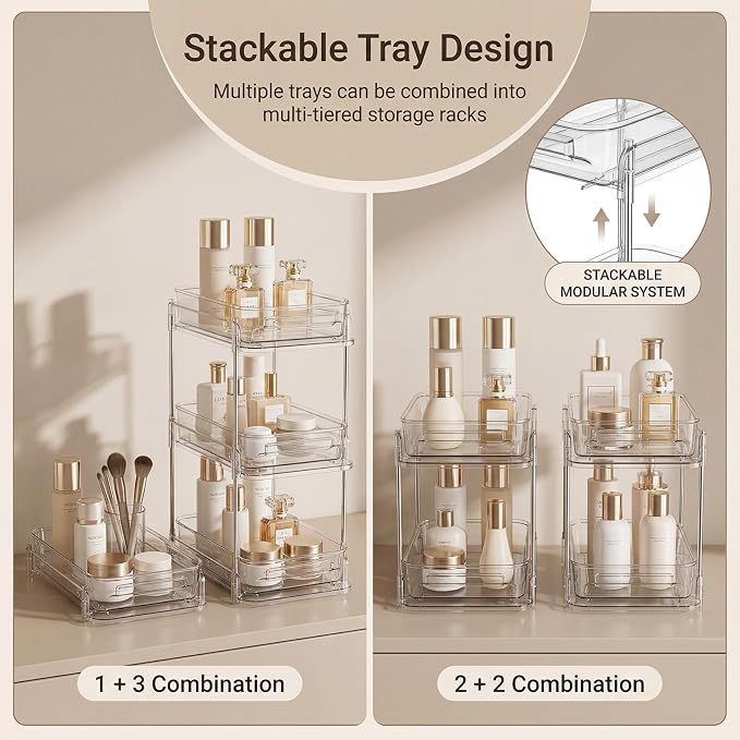 2 Tier Bathroom Storage Organizer, 2 Pack Clear Under Sink Organizers, Cabinet Drawer Bins for Vanity Counter, Kitchen, Pantry