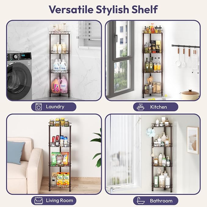 SWTYMIKI Standing Shower Caddy Corner - 4‑Tier Stainless Steel Shower Organizer Shelf with 12 Hooks and Adhesive Pads, Rustproof Corner Shelves Stand Rack for Bathroom Shower Room, Bronze