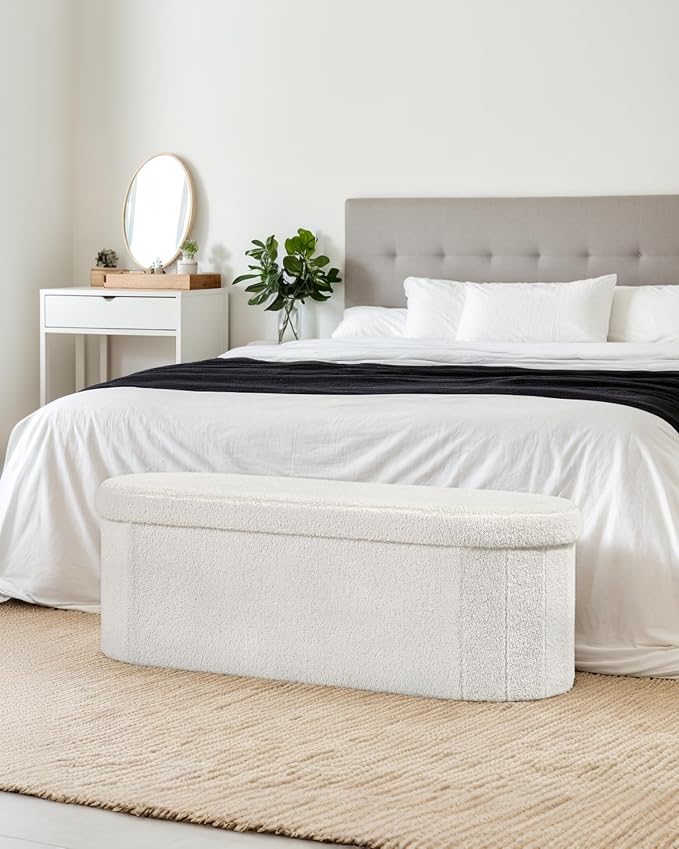 43.3 Inches Foldable Storage Ottoman Bench, Oval Footrest | Teddy Boucle Fabric, Hidden Storage, Soft Padded Seat, End Of Bed Bench For Bedroom, Living Room and Entryway, White