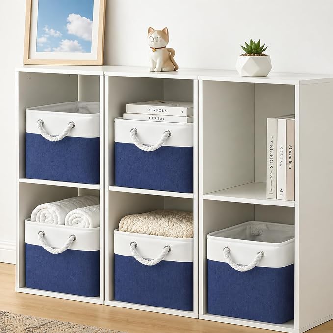 Cube Storage Bins, Collapsible Fabric Storage Cubes Bins, 11 Inch Cube Storage Bins with Handles, Foldable Storage Cubes (White/Navy, 6Pack)