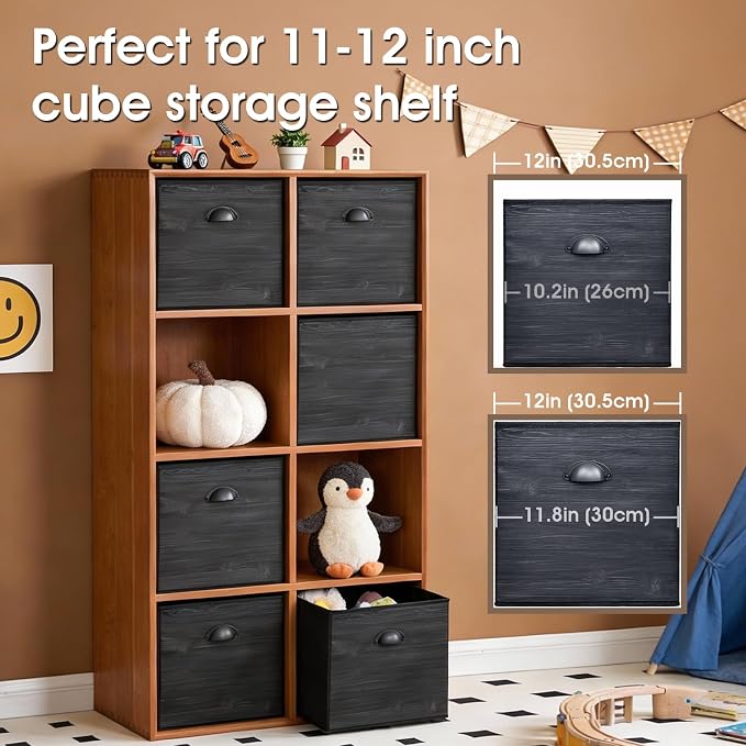 Faux Wood Grain Cube Storage Organizer Bins, 12x12 Inch Storage Cubes, Closet Cloth Baskets Box for Shelves, Set of 6