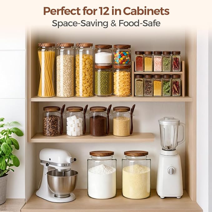 ComSaf Glass Pasta Storage Containers with Acacia Wood Lids 1.7Qt 3Pack | 11.3in Tall jar, for Cooks, Spaghetti Pasta Oats Cereal Beans, Kitchen Pantry Cabinet, Long Canisters with Labels, Durable