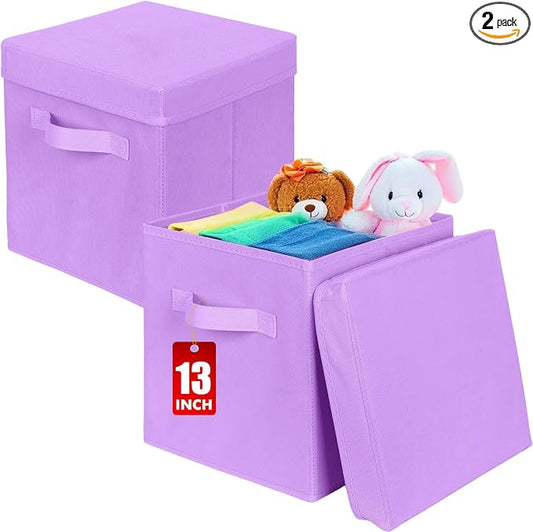 ShellKingdom Storage Bins, Foldable Fabric Storage Cube with Lid for Closet | Clothes Storage Organizer Drawer For Closet Toys Storage, 13 X 13 X 13 INCH, 2 Pack (Lavender)