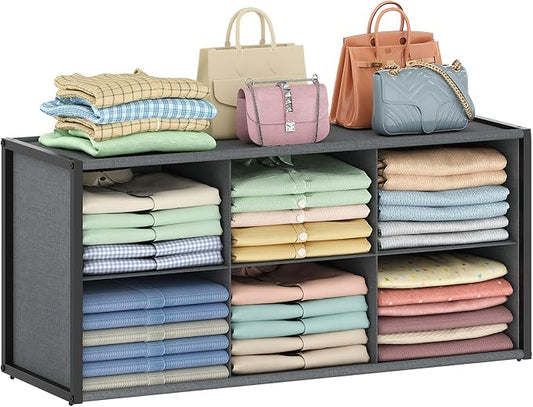 Hongtamoya Stackable Closet Organizer Shelf,6 Cube Bins Storage Basket for Clothes, Handbags Sweaters Jeans Pants Shirt, Space Saving Closet Organizer for Bedroom Wardobe, Closet System-Grey