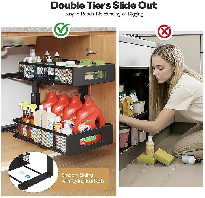 Under Sink Organizer, 2-Tier Dual Pull Out Cabinet Organizer Drawers With Smooth Circular Rail, Large Capacity Metal Mesh Sliding Shelves For Bathroom& Kitchen Storage,Height Adjustable–Black,1 Pack