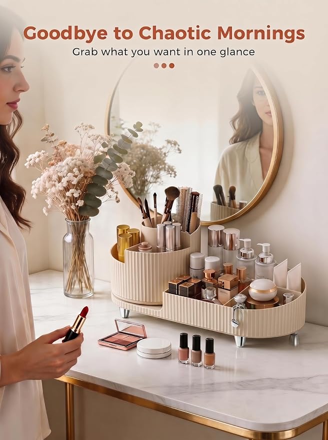 Booklov Rotating Makeup Organizer for Vanity Countertop, Cream | Plastic Cosmetic Display Case, Large Beauty Brush Holder for Bathroom Counter, Skin Care Perfumes Storage