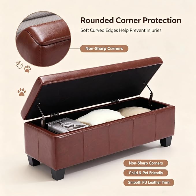 41.5 Inch Brown Faux Leather Storage Ottoman Bench for Bedroom Entryway | 2.8 cu ft hidden storage space,660 lbs load capacity,solid wood legs,ideal for end of bed mudroom