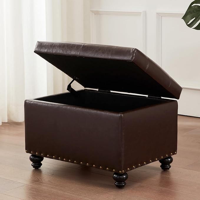 Zihanhome Leather Ottoman with Storage, Upholstered Button Tufted Ottoman Foot Rest, Foot Stools, 24" Rectangle Ottomans with Storage for Living Room, Bedroom, Dorms and Apartments (Brown-PU)
