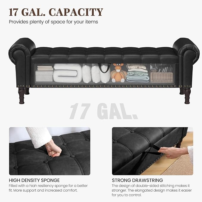 YOUDENOVA 60” Ottoman with Storage, Upholstered Storage Ottoman Bench with Rolled Arms, PU Leather Storage Bench for Bedroom, Living Room, Entryway, Black