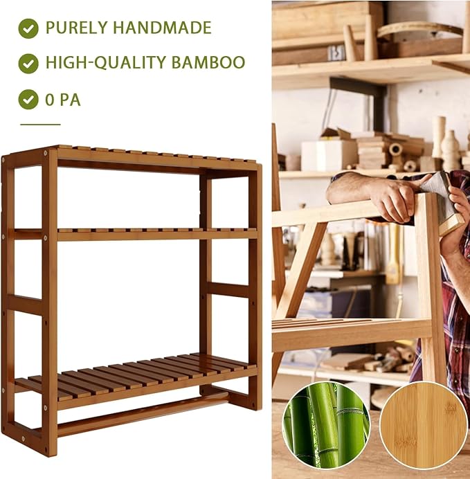Galood Over The Toilet Storage Bathroom Shelves Wall Mounted 3 Tier Space Saver Corner Shelf Organizer Bamboo Towel Rack Toilet Paper Cabinet with Hanging Rod Brown