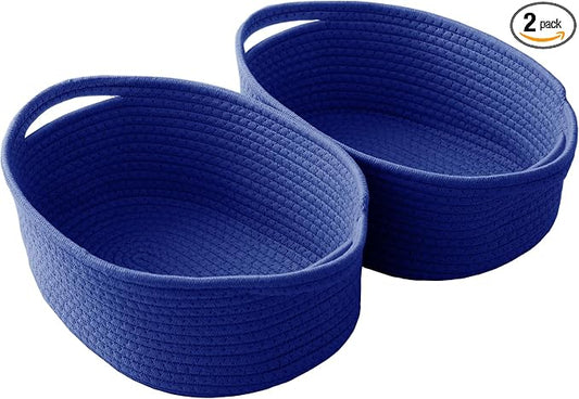 JMvicyroam Small Woven Basket, Empty Gift Basket, Navy Blue/2 Pack | Small Gift Basket, Cotton Rope, 12 x 8 x 28 in, Handles, Includes Ribbon and Bag, Birthday Gift Basket