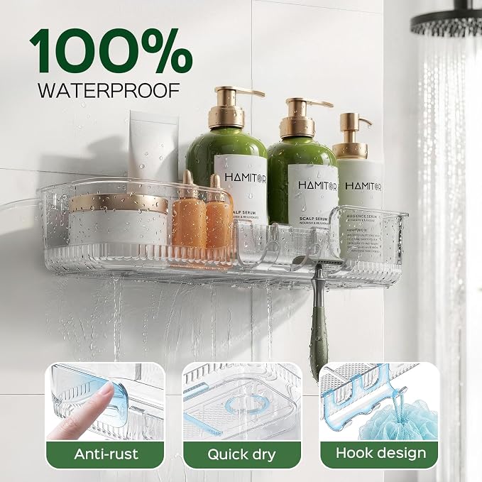 HAMITOR Adhesive Shower Caddy for Bathroom：5 Pack Clear Bath Shelves No Drilling for Modern Renters & Home Decor - Rustproof Acrylic Shower Organizer for Bathroom Storage