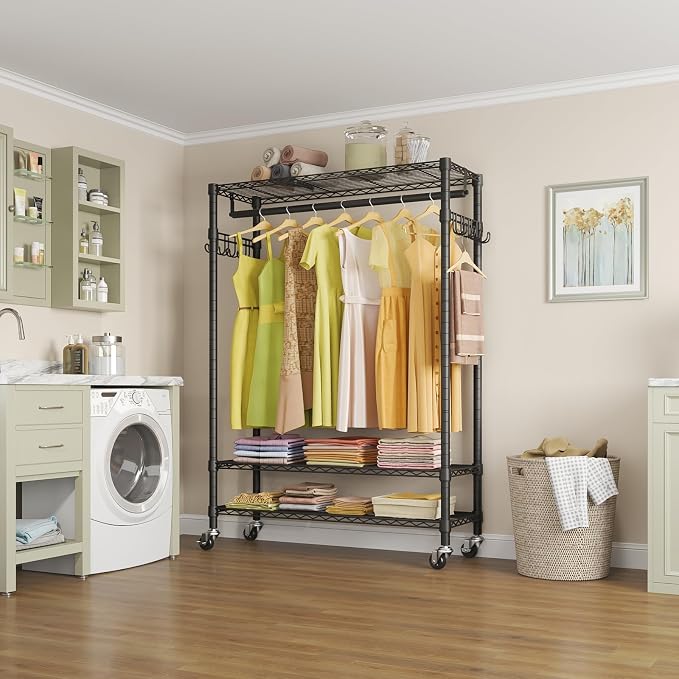 VIPEK R3 Plus Rolling Clothes Rack Heavy Duty Closet for Hanging Clothes | Lockable Silent Wheels, Adjustable Wire Shelving, Metal Side Hooks, Load 380lbs, Space-Saving Storage for Bedroom, Black