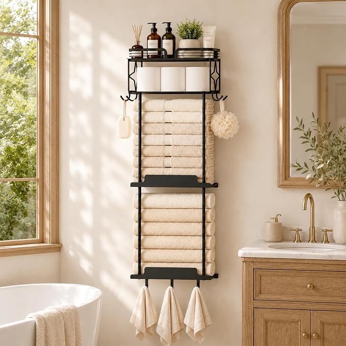 Towel Racks for Bathroom 39.9 Inch Wall Mounted Towel Rack with Shelf, Bathroom Towel Storage Holds 6 Large Rolled Towels, Metal Wall Towel Rack, Black