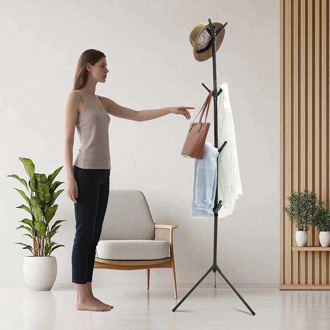 Aynoo Coat Rack Stand with 12 Hooks,Metal Freestanding Coat Standing,Light weight Cap Rack,Black