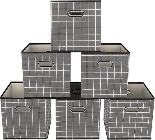 Yunkeeeper storage bins Cubes, Fabric Cube Organizer with Handle, Foldable Cube Bins for Cloth or Accessary Storage, 11x11x11, Set of 6, (Grey grid)