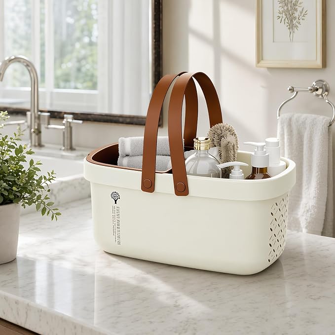 Pulseplay Plastic Shower Caddy Basket with Handle Portable Bath Tote Basket Bin for Bathroom Kitchen College Dorm Gym(Cream)